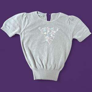 Women's Vintage 80s Bellocco Embroidered Floral Cottagecore Puff Sleeve Sweater